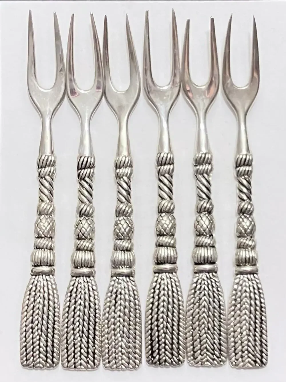 Vintage Silea Silver Plate Set Of 6 Appetizer Olive Fork Rope & Tassel FRANCE